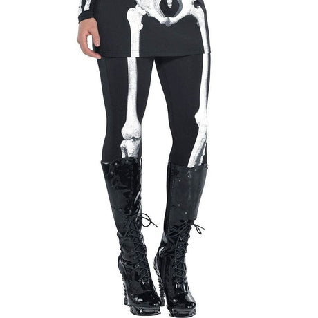Women's Halloween skeleton costume featuring black leggings with white bone print and black lace-up boots