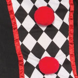 Close-up of Women's Harlequin Costume featuring black and white diamond pattern with red trim and red pom-pom buttons