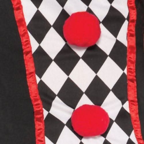 Close-up of Women's Harlequin Costume featuring black and white diamond pattern with red trim and red pom-pom buttons