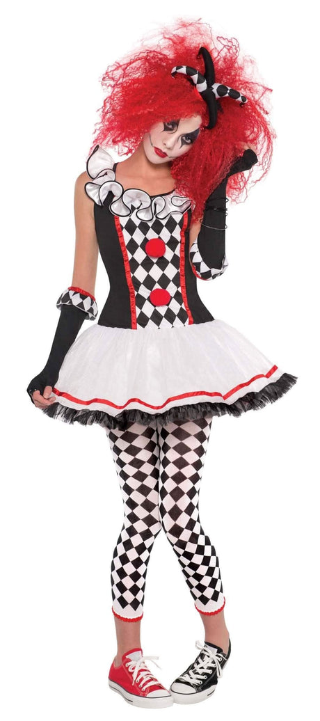 Women's Harlequin Costume featuring black and white diamond pattern dress with red accents and matching leggings