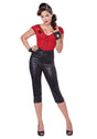 Woman wearing Women's Hot Rod Honey Costume with red top and black capri pants by Fancy Dress