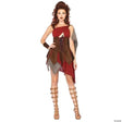 Woman wearing a women's huntress costume in red and brown with gladiator sandals and arm cuff