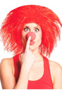 Woman wearing a bright red women's killer clown wig and red nose holding finger to her nose