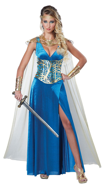Women's Medieval Costume blue gown with gold corset and white cape holding a sword by Fancy Dress