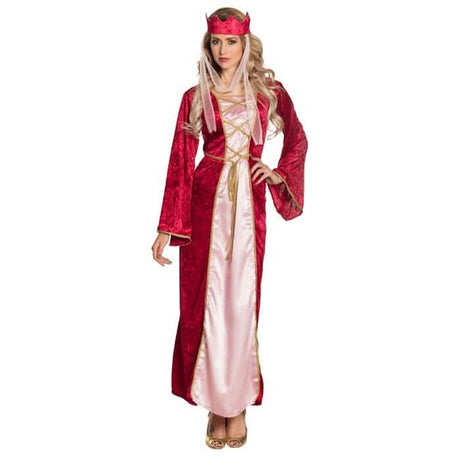 Woman wearing a Women's Medieval Queen Costume with red velvet long sleeves and pink satin front panel