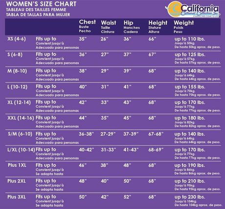 Womens Fancy Dress size chart showing measurements for Women's Mermaid Costume XS chest 35 waist 26 hip 36