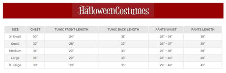 Size chart with measurements for women's ninja costume tunic and pants by Fancy Dress