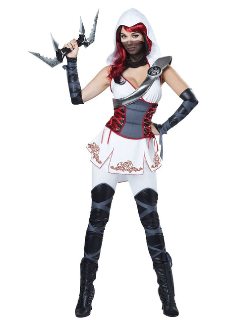 Fancy Dress women's ninja costume with white hood, red and black accents, arm guards, and throwing stars