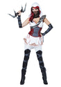 Fancy Dress women's ninja costume with white hood, red and black accents, arm guards, and throwing stars