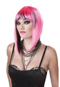 Womens Fancy Dress women's pink costume wig with black streaks styled in a straight bob with bangs