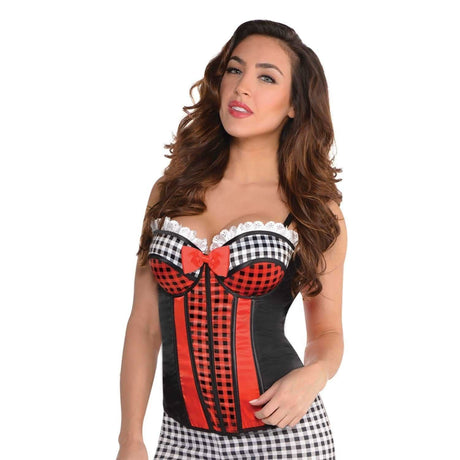 Women's red riding hood costume corset top with red bow and checkered pattern