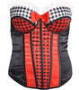 Womens red riding hood costume corset top with red and black checkered pattern and red bow