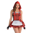 Woman wearing women's red riding hood costume with red hood, checkered dress, and white apron