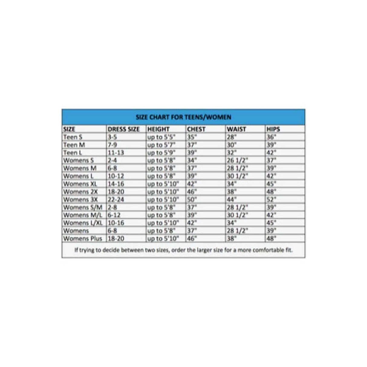 Size chart for Womens Fancy Dress costume including measurements for Women's Red Riding Hood Costume