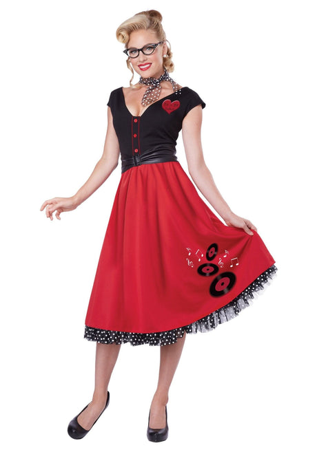 Elegant women's rock n roll costume with black top and red skirt featuring vinyl record designs