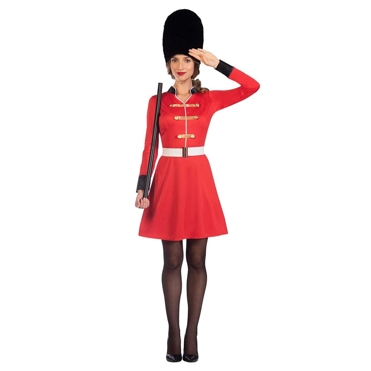 Womens Royal Guard Costume size 16-18 with red dress, black hat, white belt, and black stockings