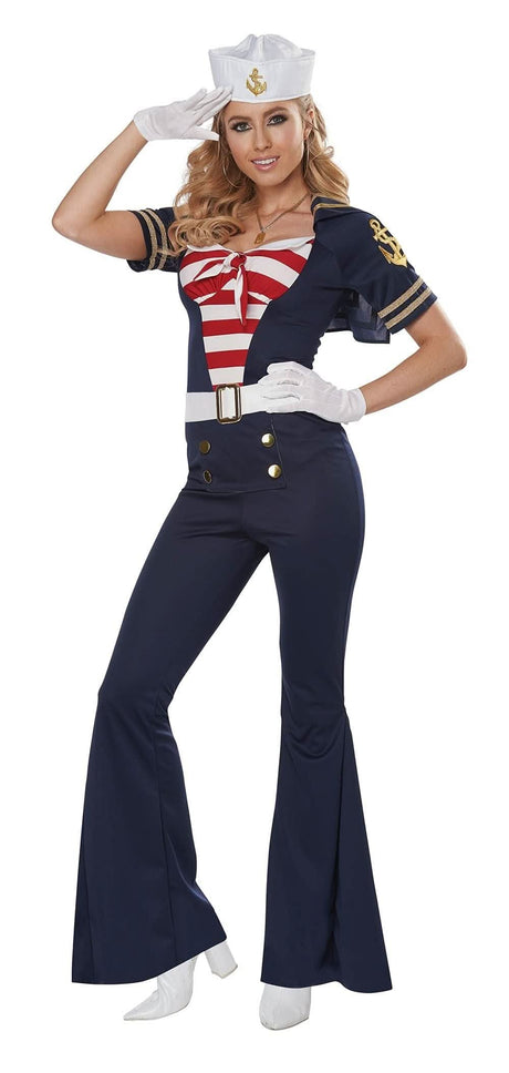 Fancy Dress women’s sailor costume with navy blue pants, striped top, white gloves, and sailor hat