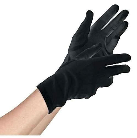 Black satin women's short black dress gloves perfect for elegant fancy dress occasions