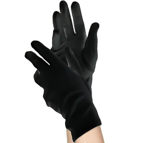Black women's short black dress gloves with smooth satin finish for elegant fancy dress