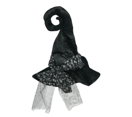 Womens Fancy Dress women's sparkly witch hat in black with curled tip and decorative bow