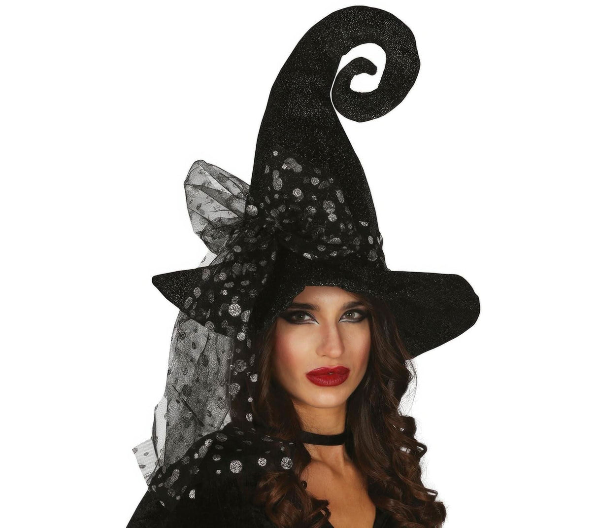 Womens Fancy Dress women's sparkly witch hat with curly point and polka dot veil accessory