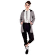 Model wearing women's teddy girl costume with gray jacket, white blouse, black cropped pants, and black shoes