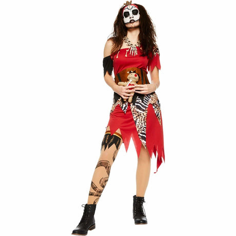 Womens Fancy Dress women's witch doctor costume with red and animal print dress and face paint
