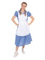 Smiling woman wearing a blue and white gingham Women's Wizard of Oz costume with a white apron and sneakers