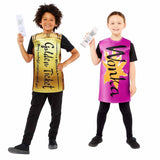 Two kids wearing wonkabar costume for kids holding tickets with black pants and shoes