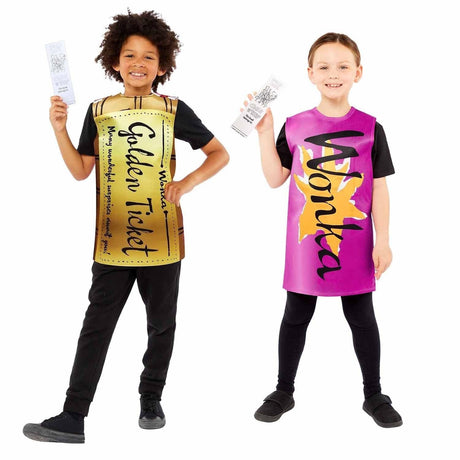 Two kids wearing wonkabar costume for kids holding tickets with black pants and shoes