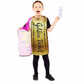 Child wearing wonkabar costume for kids with golden ticket design and holding a paper