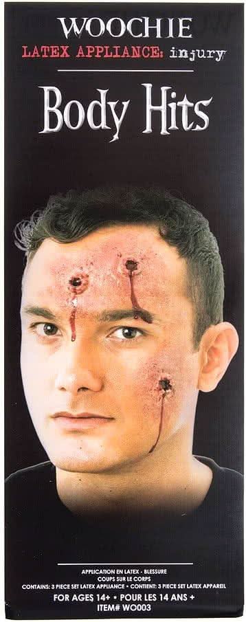 Woochie latex body hits appliance showing realistic facial injury effects for special effects makeup