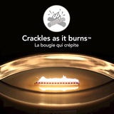 Close-up of WoodWick Ellipse candle flame with crackling wood wick burning inside glass container