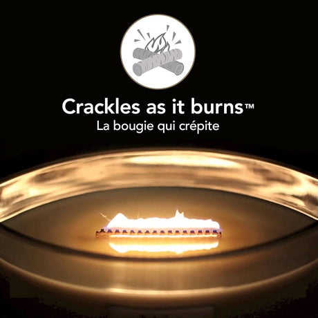 Close-up of WoodWick Ellipse candle flame with crackling wood wick burning inside glass container
