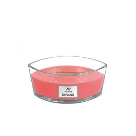 WoodWick Ellipse candle in a clear glass container with pink melon and quartz rose scented wax