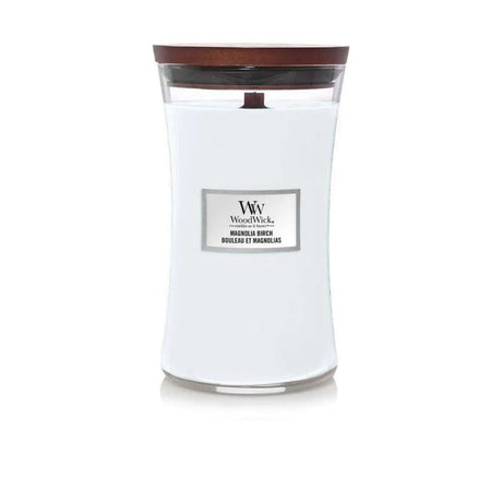 WoodWick magnolia birch candle with wooden lid in clear glass jar from CLICKK Home Store