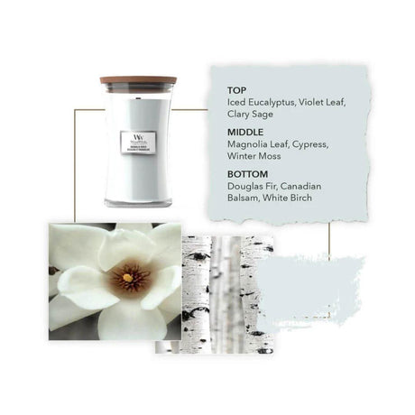 WoodWick magnolia birch candle with scent notes of iced eucalyptus, magnolia leaf, and white birch in clear jar with wooden lid