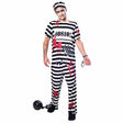 Adult male wearing a zombie prisoner costume adult with black and white stripes, fake blood stains, handcuffs, and a ball and chain