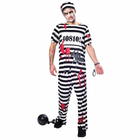 Adult male wearing a zombie prisoner costume adult with black and white stripes, fake blood stains, handcuffs, and a ball and chain
