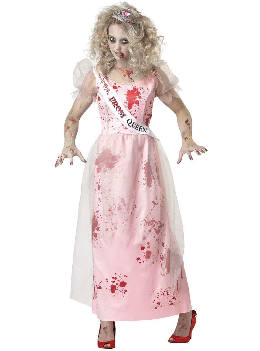 Zombie prom queen costume for kids featuring a blood-spattered pink dress and tattered sleeves