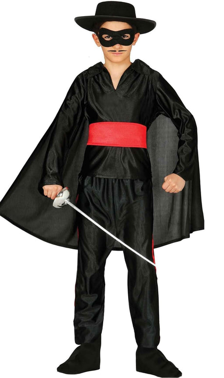 Boy wearing Zorro costume for kids with black cape, mask, hat, red sash, and toy sword